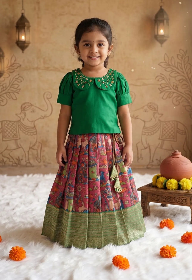Green Girls Silk Pattu Pavadai Ethnic Lehenga Choli Set