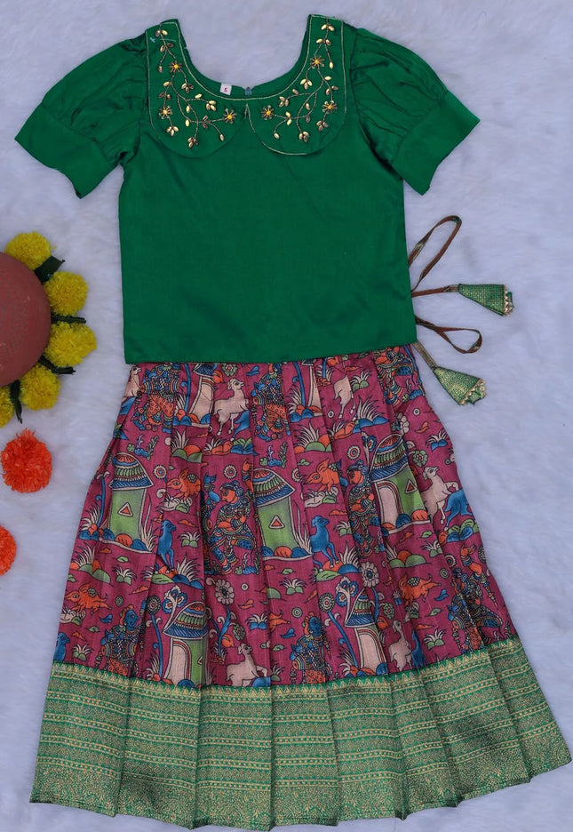 Green Girls Silk Pattu Pavadai Ethnic Lehenga Choli Set