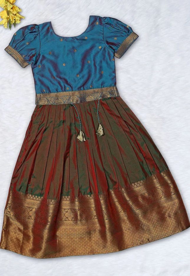 Green Girls Silk Pattu Pavadai Ethnic Lehenga Choli Set