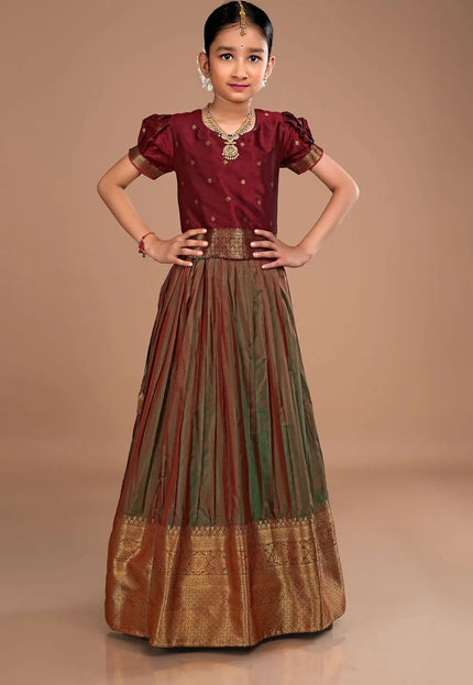 Green Girls Silk Pattu Pavadai Ethnic Wear Lehenga Choli Set