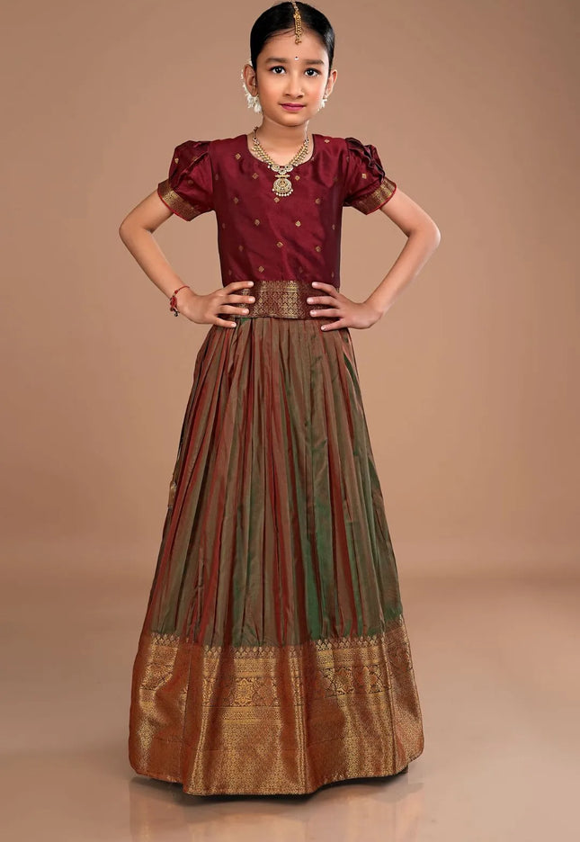 Green Girls Silk Pattu Pavadai Ethnic Wear Lehenga Choli Set