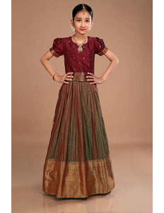 Green Girls Silk Pattu Pavadai Ethnic Wear Lehenga Choli Set