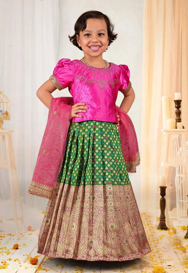Green Girls Stone-Embellished Langa Voni Kids Ornate Floral Skirt Set