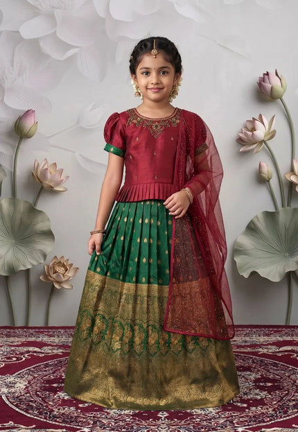 Green Kids Contrast-Trim Langa Voni Girls Ornate Motif Pattu Pavadai