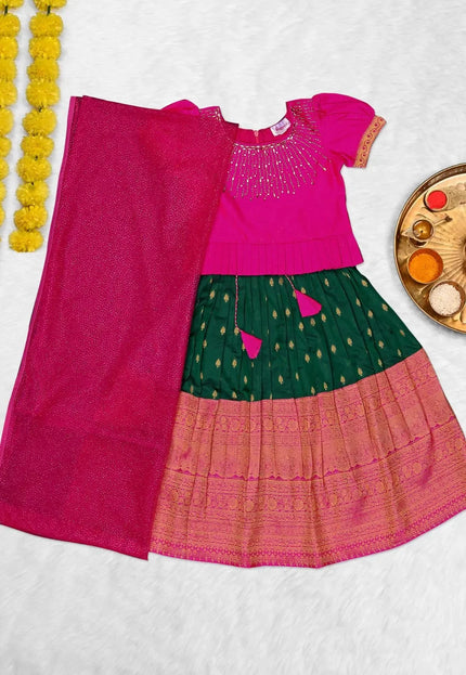 Green Kids Linear-Embellished Langa Voni Girls Wide-Border Lehenga
