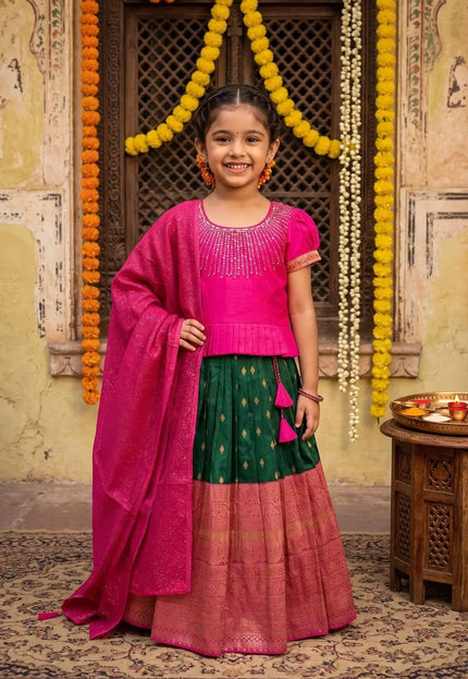 Green Kids Linear-Embellished Langa Voni Girls Wide-Border Lehenga