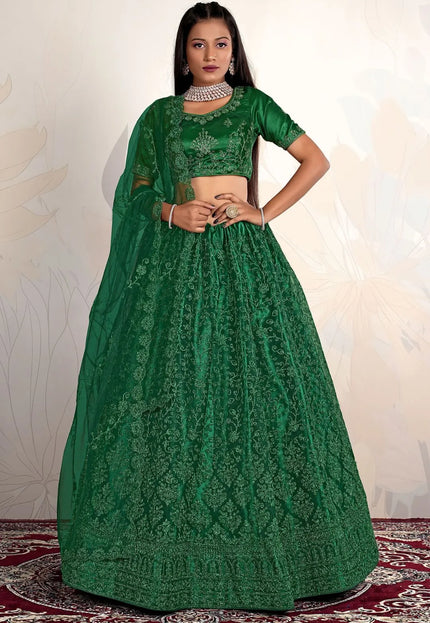 Green Net Semi Stitch Embroidered Lehenga Choli For Women