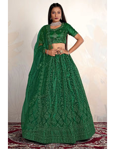 Green Net Semi Stitch Embroidered Lehenga Choli For Women