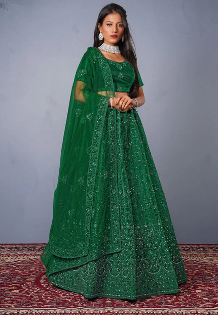 Green Net Semi Stitch Embroidered Lehenga Choli For Women