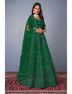 Green Net Semi Stitch Embroidered Lehenga Choli For Women