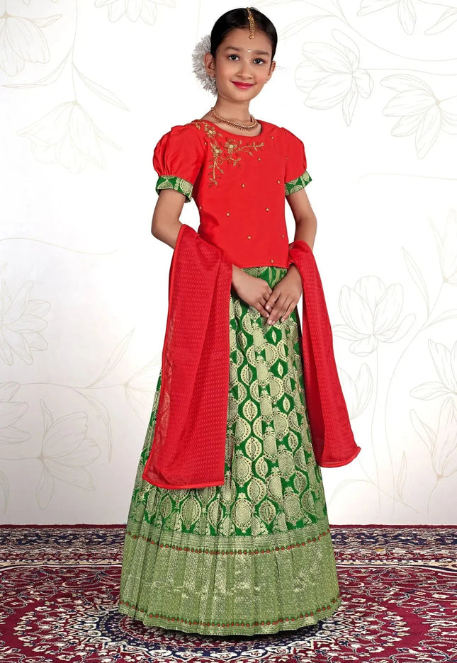 Green Premium Pattu Pavadai Ethnic Set for Little Girls Zill Mill Dupatta