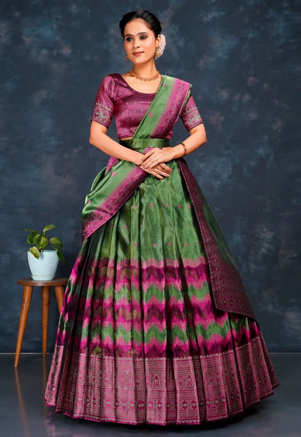 Green Tissue Silk Half Saree With Dupatta For Women