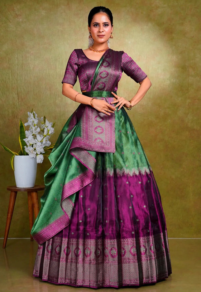 Green Tissue Silk Zari Work Half Saree For Women