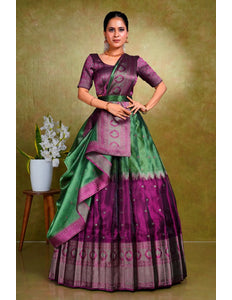 Green Tissue Silk Zari Work Half Saree For Women