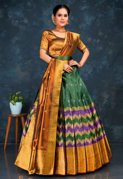 Green Tissue Silk Half Saree With Dupatta For Women