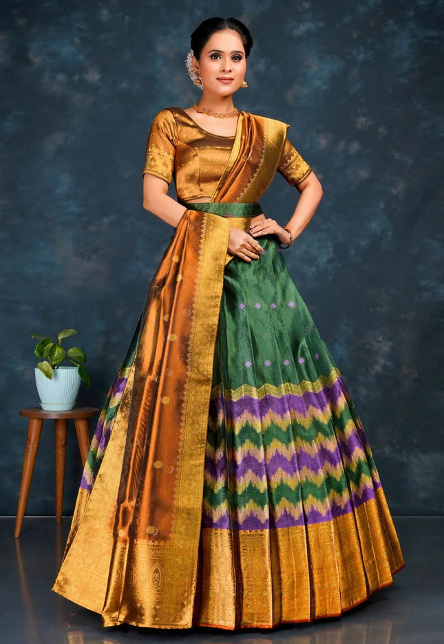 Green Tissue Silk Half Saree With Dupatta For Women