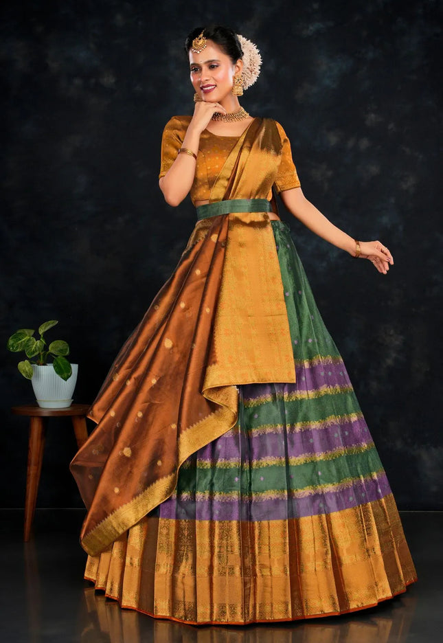 Green Tissue Silk Zari Work Half Saree For Women