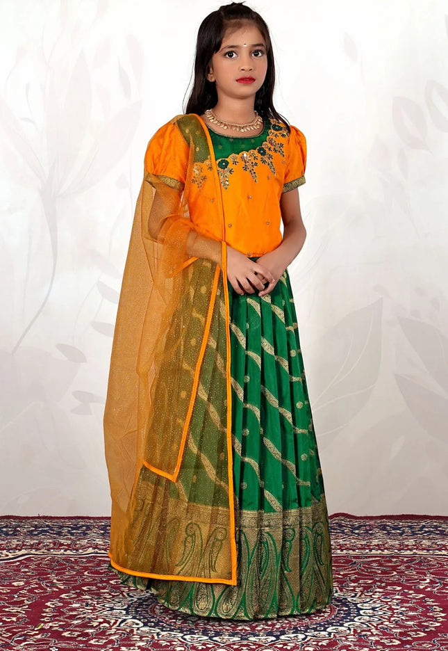 Green Traditional Lehenga Choli Set with Gold Dupatta