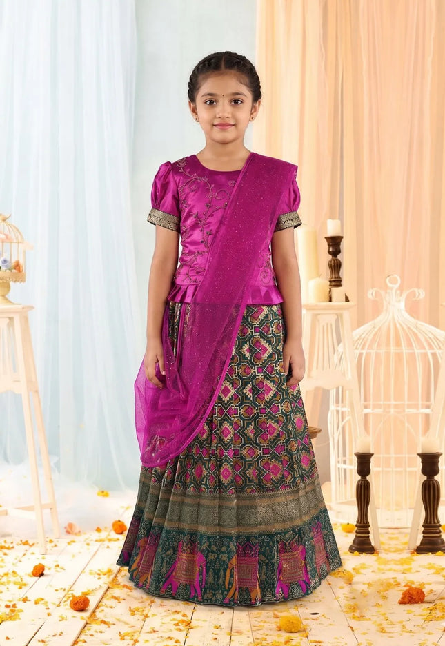Green Traditional Patola Style Lehenga Choli Set for Girls Festive Wear