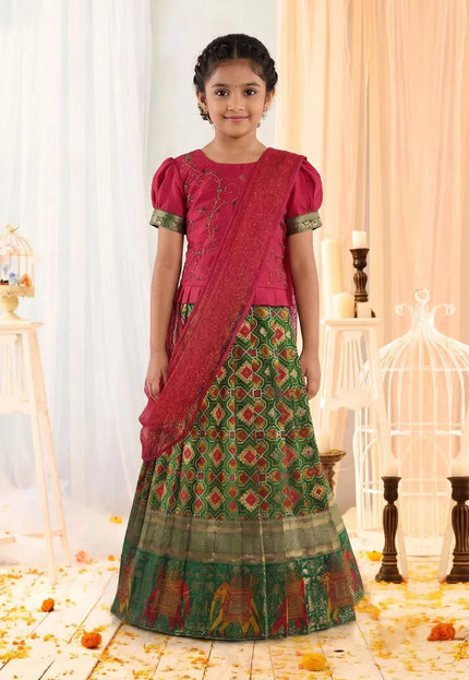 Green Traditional Patola Style Lehenga Choli Set for Girls Festive Wear