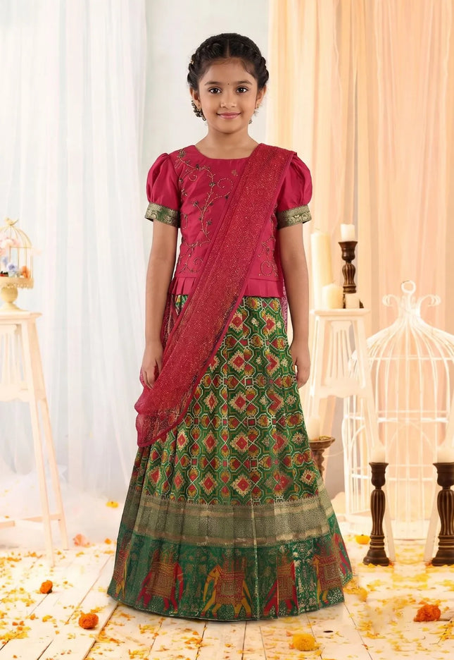 Green Traditional Patola Style Lehenga Choli Set for Girls Festive Wear
