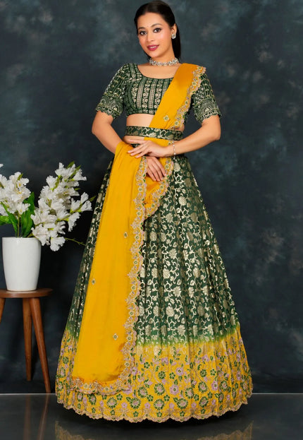 Green Viscose Muslin Floral Lehenga Choli Rangoli Dupatta