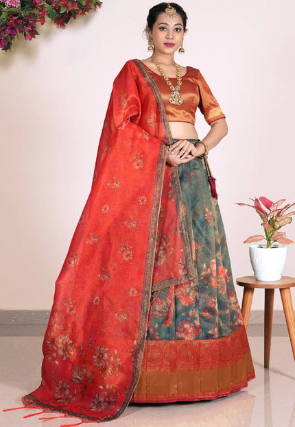 Green Zari Tissue Silk Pattu Pavadai With Digital Print