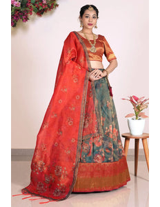 Green Zari Tissue Silk Pattu Pavadai With Digital Print