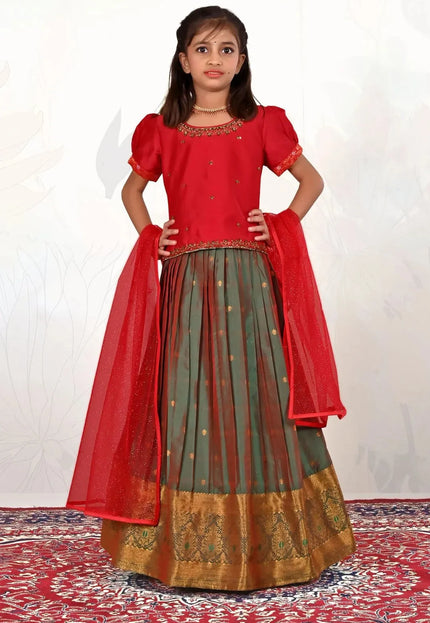 Kids Beaded-Hem Lehenga Choli Girls Zari-Border Skirt Set