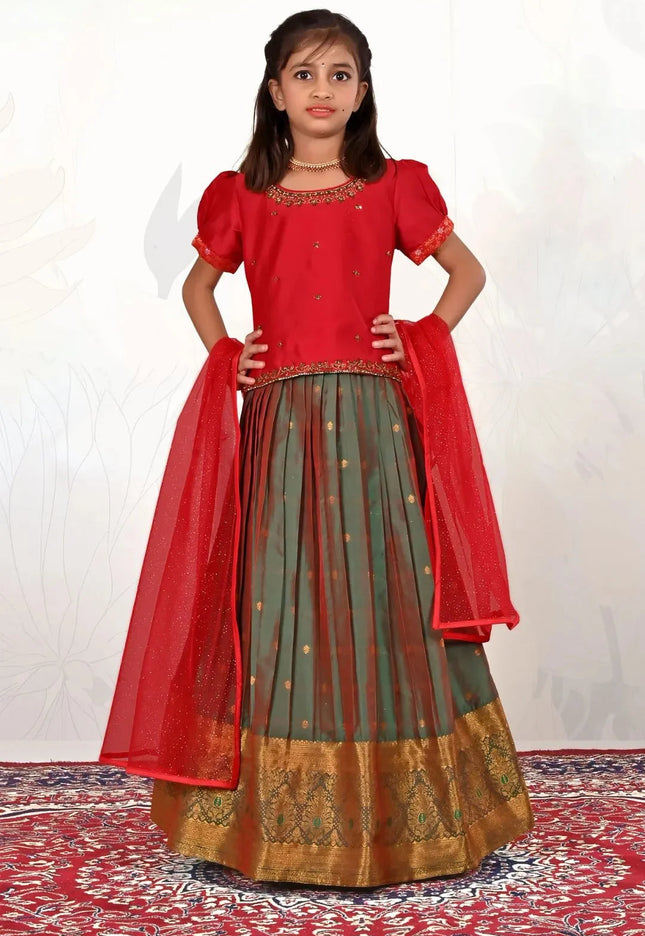 Kids Beaded-Hem Lehenga Choli Girls Zari-Border Skirt Set
