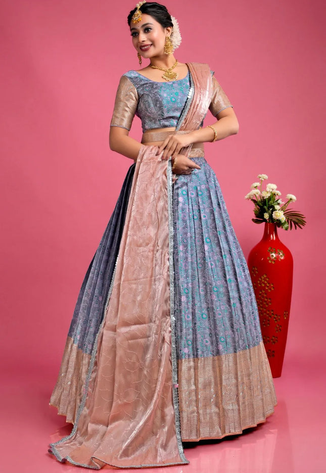Lavender Banarasi Silk Semi-Stitched Lehenga Choli For Women