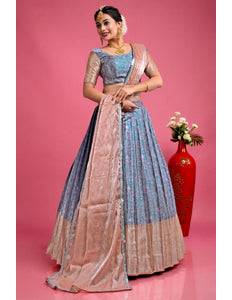 Lavender Banarasi Silk Semi-Stitched Lehenga Choli For Women