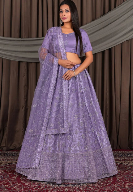Lavender Party-Wear Embroidered Net Lehenga Choli For Wedding