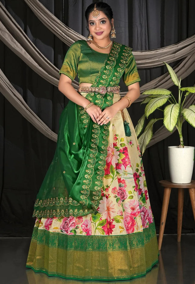 Lemon Banarasi Zari Silk Half Saree with Digital Print