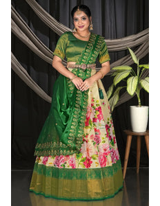 Lemon Banarasi Zari Silk Half Saree with Digital Print