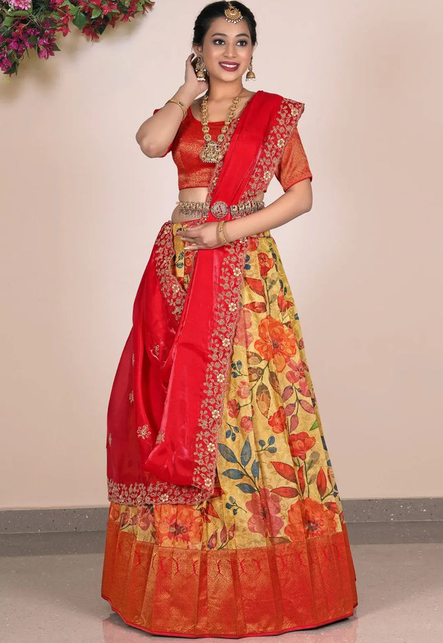 Lemon Banglori Slub Half Saree With Digital Print