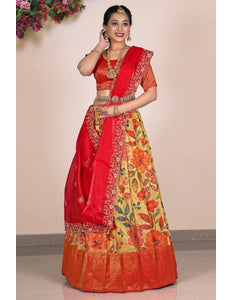 Lemon Banglori Slub Half Saree With Digital Print