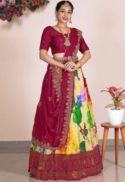 Lemon Banglori Slub Lehenga Choli With Dupatta For Women