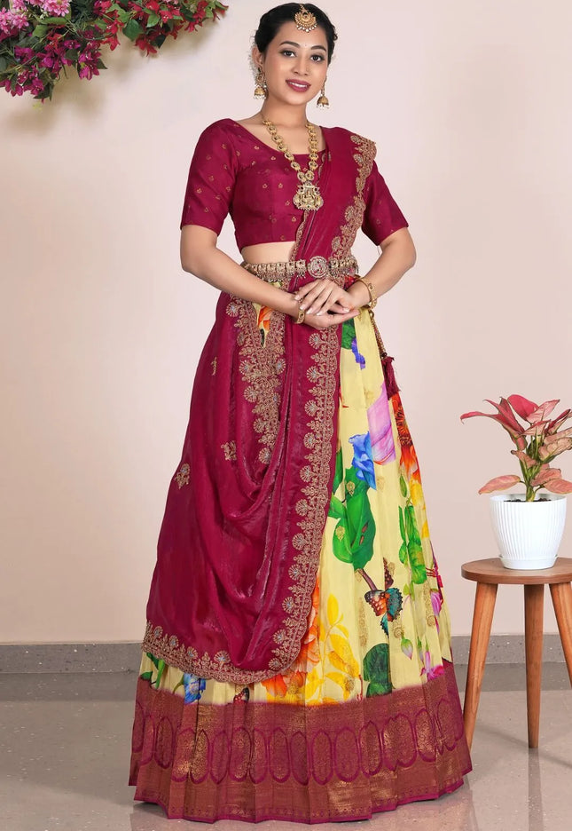 Lemon Banglori Slub Lehenga Choli With Dupatta For Women