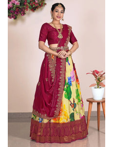Lemon Banglori Slub Lehenga Choli With Dupatta For Women