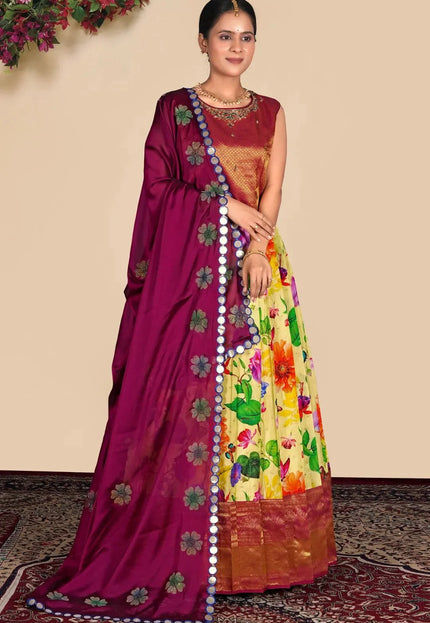 Lemon Floral Print Lehenga Choli with Rich Zari Border For Women