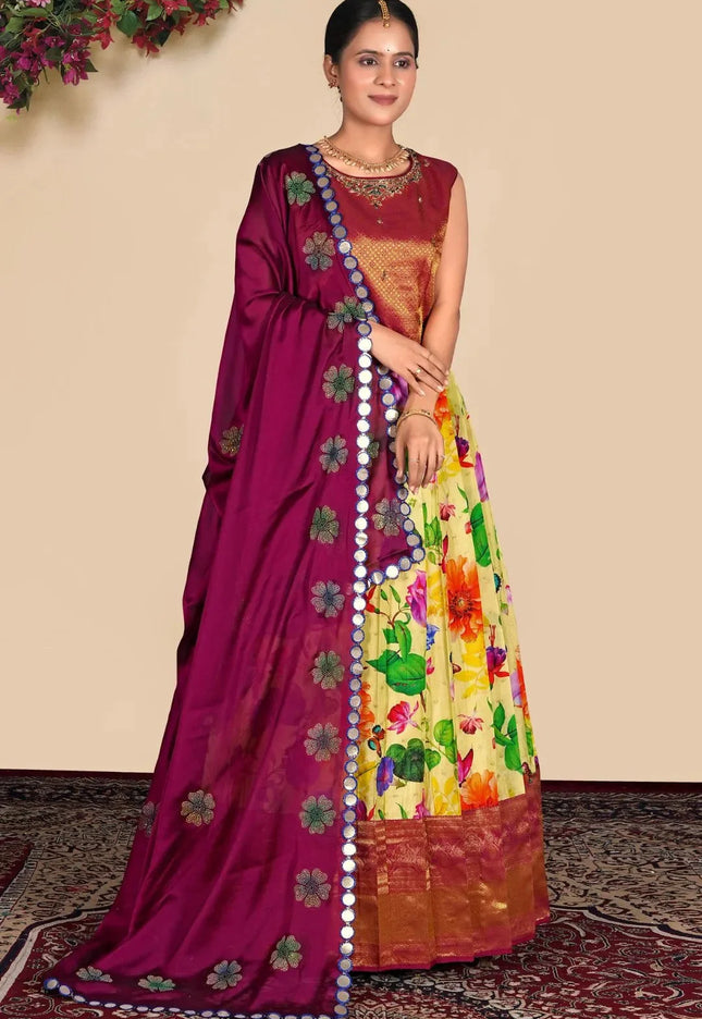 Lemon Floral Print Lehenga Choli with Rich Zari Border For Women