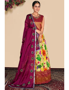 Lemon Floral Print Lehenga Choli with Rich Zari Border For Women
