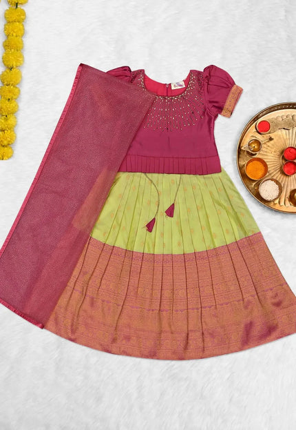 Lemon Kids Linear-Embellished Langa Voni Girls Wide-Border Lehenga