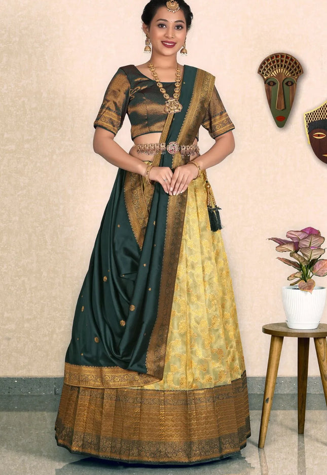 Lemon Zari Tissue Silk Half Saree With Dupatta For Women