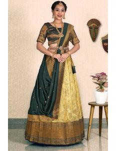 Lemon Zari Tissue Silk Half Saree With Dupatta For Women