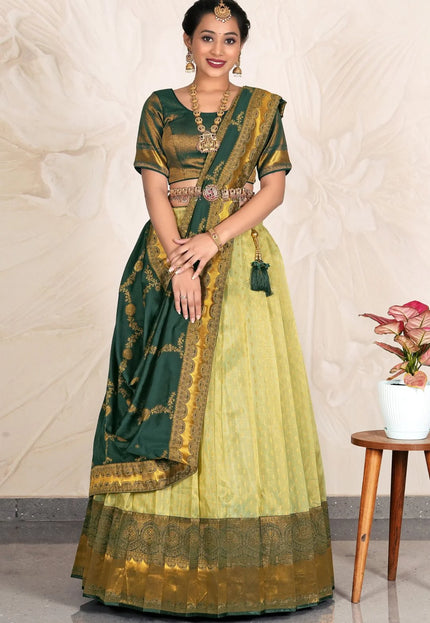 Lemon Zari Tissue Silk Lehenga Choli With Dupatta For Women