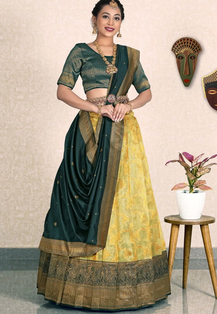 Lemon Zari Tissue Silk Lehenga Choli With Dupatta For Women