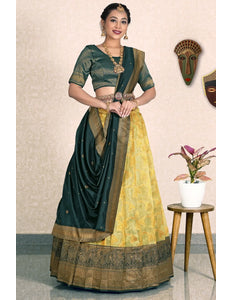 Lemon Zari Tissue Silk Lehenga Choli With Dupatta For Women
