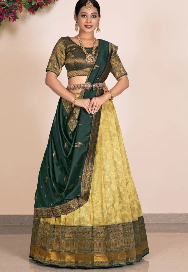 Lemon Zari Tissue Silk With Digital Print Lehenga Choli